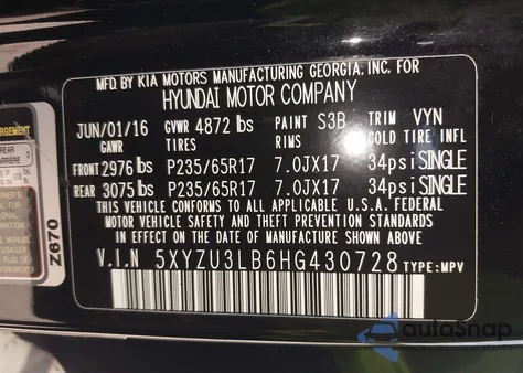 2017 Hyundai Santa Fe Sport 2.4L z USA, uszkodzony, nr VIN 5XYZU3LB6HG430728